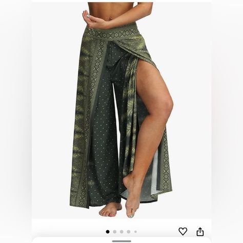 Boho Wide Leg Palazzo Pants with Slits, Flowy Hippie Pants, Size L/XL green/grey Bohemian Pants, Plus Size Yoga, Tie Dye Pants, Hippie Pants, Wide Leg Palazzo Pants, Dance Pants, Pants Summer, Beach Boho, White Dress Party