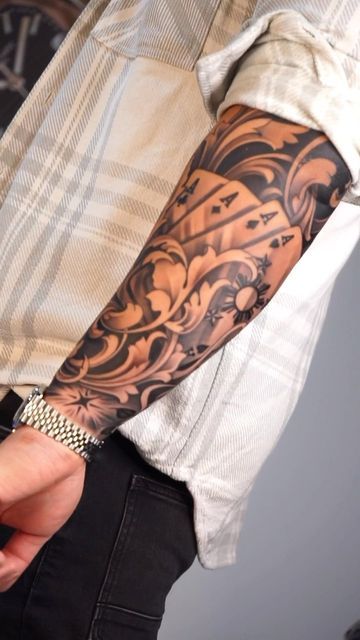 Gan Tattoo, Leather Tattoo Sleeve, Mens Western Sleeve Tattoo, Wester Sleeve Tattoo, Western Full Sleeve Tattoo, Leather Tooling Tattoo Sleeve, Western Forearm Tattoos Men, Inside Arm Tattoo For Guys, Large Western Tattoos