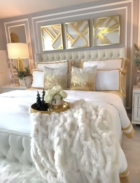 Beige And Black Bedroom Ideas Glam, Brown Gold And White Bedroom, Boho Glam Master Room Bedroom Ideas, Gold Bed Frame Aesthetic, Beige Gold Bedroom Ideas, Glam Bedroom Decor Luxury Classy Chic, Tan And Gold Bedroom, White Gold Bedroom Aesthetic, Gold And White Bedroom Decor