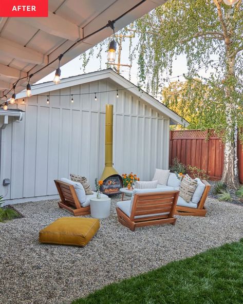 Garage Backyard Ideas, Back Patio Small Spaces, Simple Backyard Upgrades, No Trees Backyard Ideas, Turn Driveway Into Patio, Garden Off Patio, Cheap Landscaping For Large Yard, Small Pea Gravel Patio Ideas, Large Backyard Patio Ideas