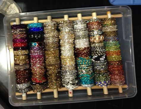 Bangle box made with wooden rods and plastic storage container Indian Jewelry Storage, Bangles Organizer Diy Storage Ideas, Bangle Storage Ideas, Bangle Box For Bride, Bangles Box Ideas, Bangle Box Diy Ideas, Bangle Organizer Ideas, Bangles Organizer, Bangle Storage Ideas In Wardrobe