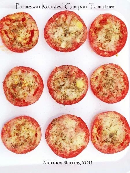 Parmesan Roasted Campari Tomatoes - Nutrition Starring YOU Campari Tomatoes, Tomato Nutrition, Fresh Tomato Recipes, Healthy Appetizers, Tomato Recipes, Healthy Side Dishes, Fresh Tomatoes, Roasted Tomatoes, Yummy Sides