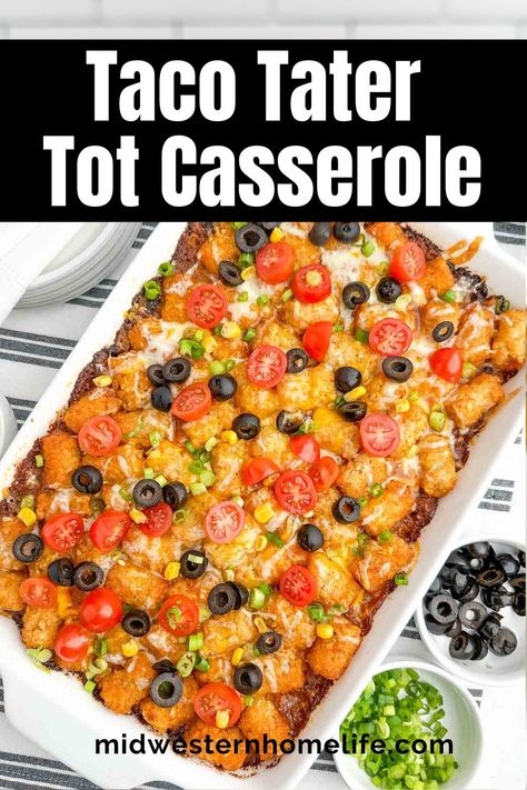 Taco Tater Tot Casserole is a cozy, hearty casserole with zesty taco meat, black beans, corn, gooey melted cheese, crispy tater tots, and all your favorite taco toppings. Easy casserole recipe for busy weeknights or taco Tuesday. Taco Bake With Tater Tots, Taco Tuesday Casserole, Tater Tot Casserole With Ground Beef, Tater Taco Casserole, Tater Tot Taco Casserole, Taco Tater Tot Casserole, Easy Casserole Recipe, Chicken Tater Tot Casserole, Mild Taco Seasoning