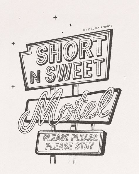 | Spent the day creating this retro motel sign, inspired by Sabrina Carpenter’s album “Short N Sweet.” 💖 It was so much fun bringing this… | Instagram Sabrina Carpenter Inspired Tattoos, Sabrina Carpenter Tattoo, Sweet Night, Traditional Tattoo Art, Print Collage, Retro Illustration, Process Art, Sabrina Carpenter, Pink Aesthetic