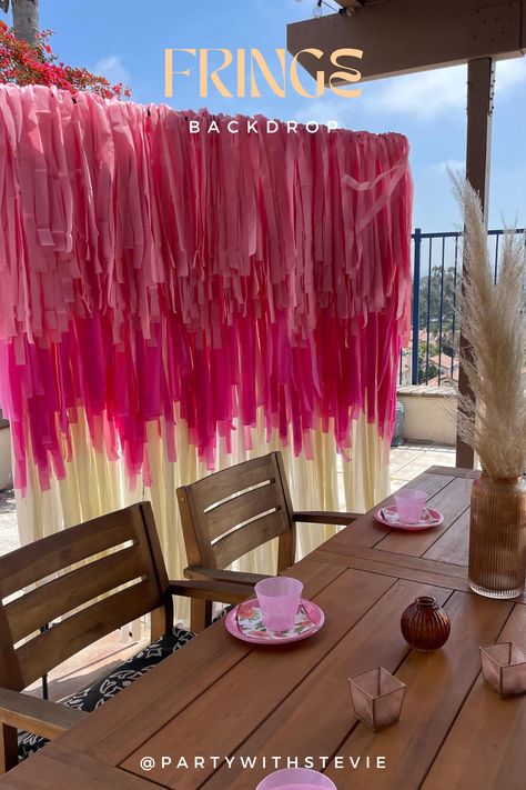 This fringe backdrop is the perfect addition to any pink themed party! We all need a step-n-repeat these days. :) Photo Backdrop Bachelorette, Pom Pom Backdrop, Fringe Wall Backdrop, Diy Fringe Backdrop, Fringe Photo Backdrop, Backdrop Bachelorette Party, Bachelorette Party Backdrop, Pink Themed Party, Backdrop Fringe