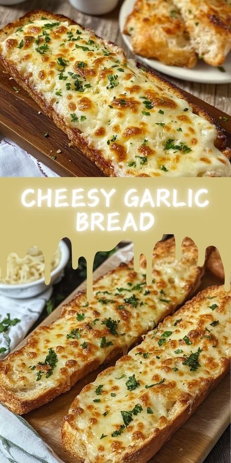 Cheesy Garlic Bread Ingredients: 1 loaf French bread 1/2 cup unsalted butter, softened 3 cloves garlic, minced 1 cup shredded mozzarella cheese 1/4 cup grated Parmesan cheese 1 tablespoon fresh parsley, chopped Salt and pepper to taste #Cheesy #GarlicBread Garlic Bread Recipe Homemade, French Garlic Bread, Bread Snacks Recipe, Cheesy Bread Recipe, Cheesy Garlic Bread Recipe, French Bread Loaf, Garlic Spread, Cheese Bread Recipe, Homemade Garlic Bread