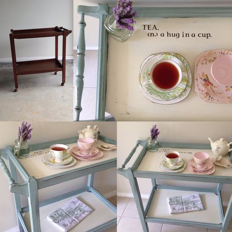 Tea trolley make over. @anniesloan Tea Trolley Makeover, Duck Egg Blue Kitchen, Tea Carts, Refinish Wood Furniture, Shabby Furniture, Revamp Furniture, Tea Trolley, Tea Cart, Drinks Trolley