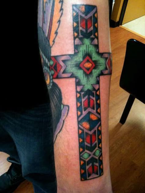 Southwestern Color Scheme Western Tattoos For Women Color, Southwest Tattoo Design, Southwestern Tattoo Sleeve, Western Cross Tattoo, Southwest Tattoo, Cherokee Tattoos, Crucifix Tattoo, Autumn Tattoo, Cowgirl Tattoos