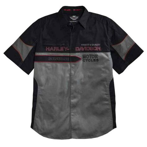 Harley-Davidson Men's Finest Quality Short Sleeve Woven Shirt, 96112-16vm. Made Of 100% Cotton Twill, That Is Washed For Softness. Hidden Snap Front And Snap-Down Collar. One Zippered Chest Pocket. Contrasting Piping. Embroidered Graphics On Front And Back Yoke. 96112-16vm Harley-Davidson Men's Finest Quality Short Sleeve Woven Shirt Made Of 100% Cotton Twill That Is Washed For Softness Hidden Snap Front And Snap-Down Collar One Zippered Chest Pocket Contrasting Piping With Embroidered Graphics Mechanic Clothes Men, Harvey Davidson, Race Fashion, Harley Davidson Shirts, Mechanic Clothes, Mechanic Shirt, Harley Davidson Clothing, Mechanic Shirts, Button Up Shirt Mens