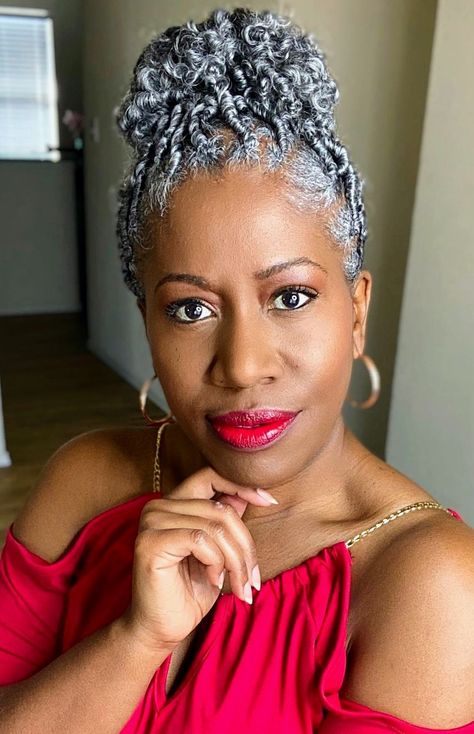 Grey Hair Styles For Black Women Over 50, Gray Hair Protective Styles, Grey Protective Hairstyles, Grey Hair Twist Styles, Silver Hair Braids Black Women, Natural Grey Hair Black Women, Twists On Natural Grey Hair, Grey Updo Hairstyles For Black Women, Braids With Gray Hair Black Women