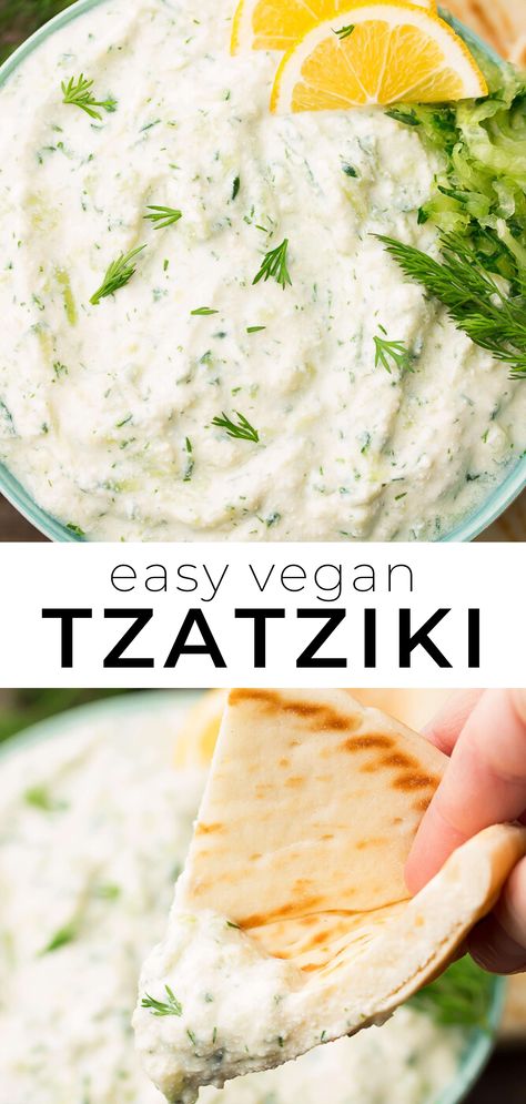 Easy Vegan Tzatziki Sauce Recipe with no nuts! Perfect with Falafel. #vegan #plantbased Falafel Vegan, Tzatziki Sauce Recipe, Vegan Tzatziki, Vegan Sauce, Tzatziki Recipes, Vegan Dips, Vegan Dip, Vegan Sauces, Tzatziki Sauce