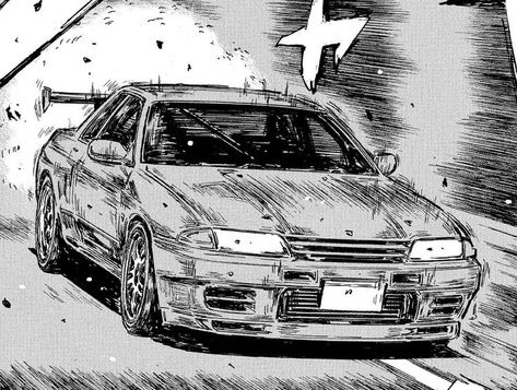 Initial D Sketch, Nissan Gtr Art, Nissan Skyline Sketch, Car Drift Drawing, Nissan Gtr Sketch, R32 Initial D, Initial D R32, Initial D Manga Panels, Car Manga