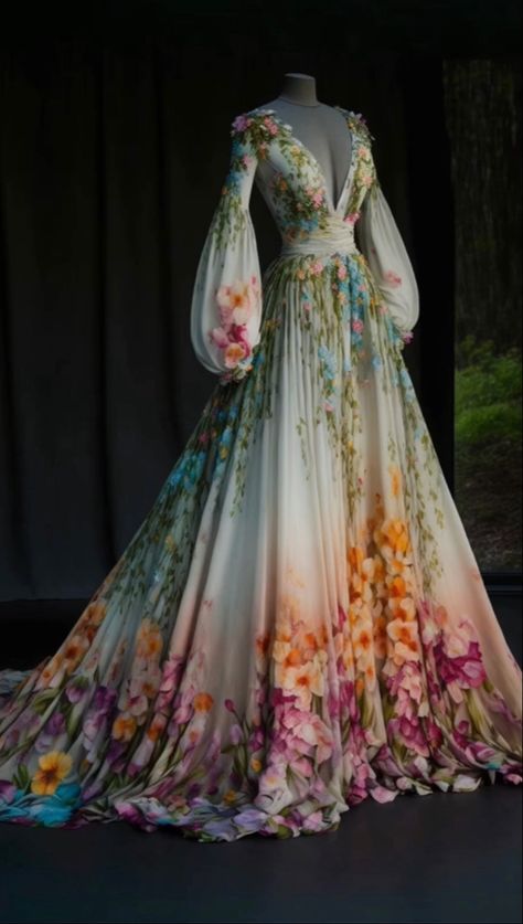 Spring Fantasy Clothing, Spring Court Aesthetic Outfits, Spring Court Outfit, Spring Court Fashion, Autumn Court Dress, Spring Court Dress, Garden Of Time Dress, Acotar Dresses, Spring Ball Gown