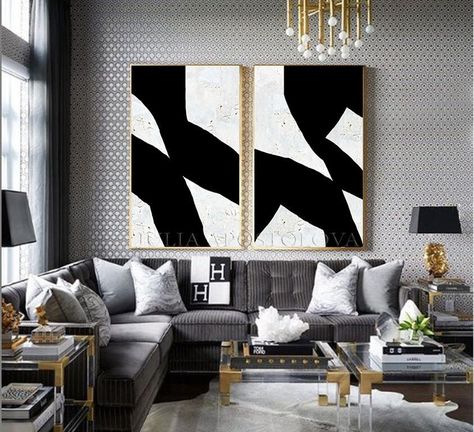 Black White And Gold Wall Decor, Grey Black And White Living Room Ideas, Black White And Grey Living Room, Black And White Living Room Ideas, Black And Gold Living Room, Black White Painting, White Living Room Decor, White Paintings, Large Modern Wall Art