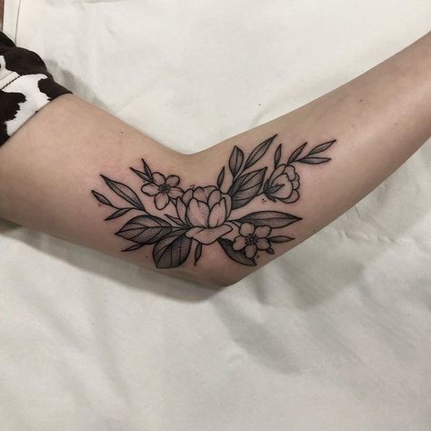 Side Of Elbow Tattoo, Woods Tattoos, Flower Tattoo Placement Ideas, Under Elbow Tattoo, Flower Elbow Tattoo, Inner Elbow Tattoos For Women, Inner Elbow Tattoo, Inner Elbow Tattoos, Wood Tattoo