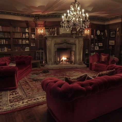 Living Room Dark Mansion Living Room, Dark Red House Interior, Molded Ceiling, Dark Red Living Room, Stephen King House, Red Fireplace, Red Mansion, Red Velvet Sofa, Ceiling Painted