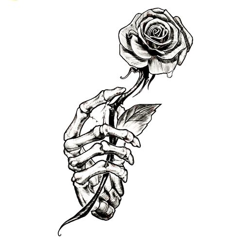 Skull Hand With Rose, Withered Rose Tattoo, Evangelion Tattoo, Hand Holding Rose, Single Rose Tattoos, Animal Sleeve Tattoo, Bottle Tattoo, Skeleton Drawings, Fantasy Tattoos