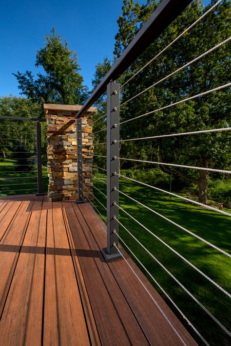 http://www.stairsupplies.com/product-category/cable-railing-systems/ Ballistrades Ideas Outdoor, Outdoor Cable Railing, Lakefront Deck Ideas, Brick Pillars, Cable Railing Deck, Patio Railing, Cable Railing Systems, Deck Railing Design, Balcony Railing Design