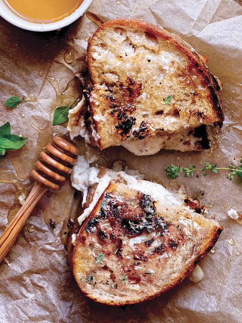 Feta Grilled Cheese, Grilled Cheese Sandwich Recipes, Fancy Grilled Cheese, Thyme Honey, Goodbyes Are Not Forever, Sourdough Bread Sandwiches, Grill Cheese Sandwich Recipes, Gourmet Grilling, Creamy Feta