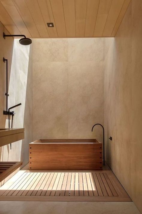 Studio PCH · Nobu Ryokan Malibu Japanese Bathroom Design, Japanese Bathroom, Wooden Bathtub, Japandi Interior, Fireplace Remodel, 아파트 인테리어, Remodel Bedroom, Cheap Decor, Cheap Home Decor