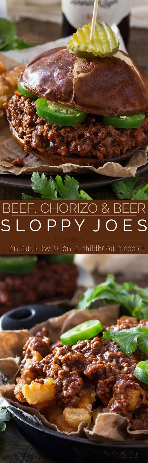 Beef Beer and Chorizo Sloppy Joes | These aren't the usual sloppy joes... made with beef, spicy chorizo, jalapeno and beer, they're an adult version of everyone's favorite childhood sandwich! | http://thechunkychef.com Eat Burger, Beef Chorizo, Chorizo Recipes, Cooking With Beer, Sloppy Joes Recipe, Sloppy Joe, Burgers Sandwiches, Beer Recipes, Sloppy Joes