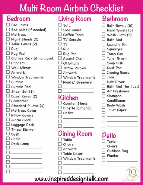 Airbnb Supply Checklist, Tips For Airbnb Hosting, Airbnb Startup Checklist, Airbnb List Of Items, Airbnb Furnishing Checklist, Air B&b Decor Ideas, Airbnb List, Airbnb Startup, Airbnb Ideas Interior Design