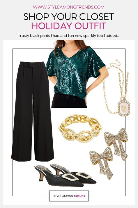 Shop your closet first, then shop the sales for a festive holiday look! One of us broke tradition with silver/pink and the other went classic with green sparkle! (Bet you can't guess who picked what!!!) ⁠ ⁠ Holiday Outfit, Green Holiday Look, Sequin TShirt, Ann Taylor, Holiday Silver Pants, Pink Sweater, Silver Flats, OOTD, Holiday Look, Holiday Style Sparkly Top Outfit, Sequin Tshirt, Silver Pants, Sparkly Top, Silver Flats, Green Sequins, Holiday Looks, Pink Sweater, Shopping Hacks