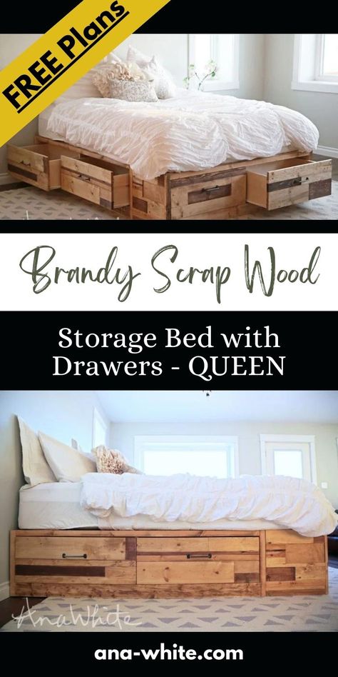 Scrap Wood Storage, Wooden Bed Frame Diy, Storage Bed With Drawers, Wood Storage Bed, Diy Platform Bed Frame, Queen Bed Frame Diy, Diy King Bed, Making A Bed Frame, Diy King Bed Frame