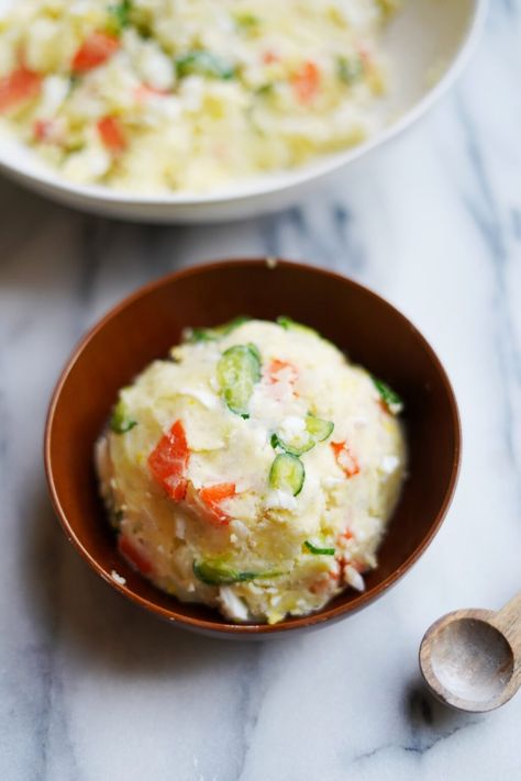 Korean Potato Salad - Couple Eats Food Ban Chan Recipes, Korean Potato Salad, Korean Potatoes, Korean Side Dishes, Potato Salad Recipe, Bbq Restaurant, Minced Onion, Potatoe Salad Recipe, Red Potatoes