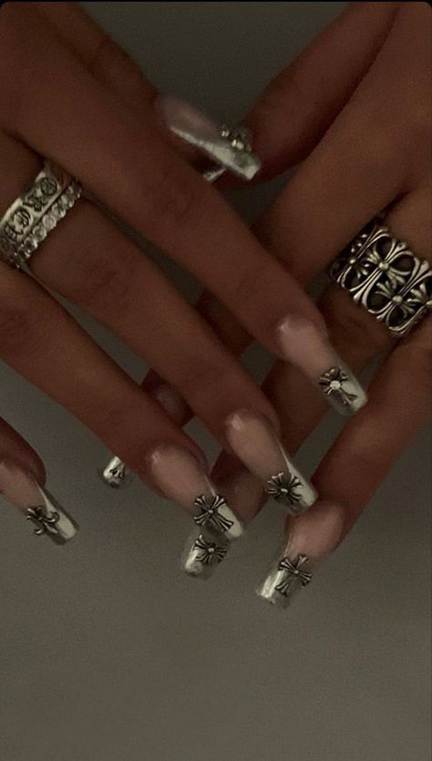 Chrome Hearts Rings Aesthetic, Nail Ideas Silver, Nail Inspo Long, Long Nail Ideas, Silver Icons, Heavenly Nails, Watch Rings, Y2k Nail, Chrome Hearts Ring