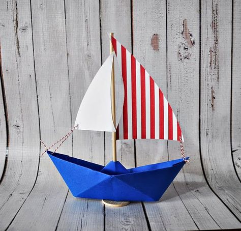 Paper Sailboat- Red stripe sail with bright blue boat Sailing Theme, Origami Boat, Nautical Crafts, Blue Boat, Nautical Party, Paper Boat, Paper Crafts Diy Tutorials, The Last Day, Sailboats