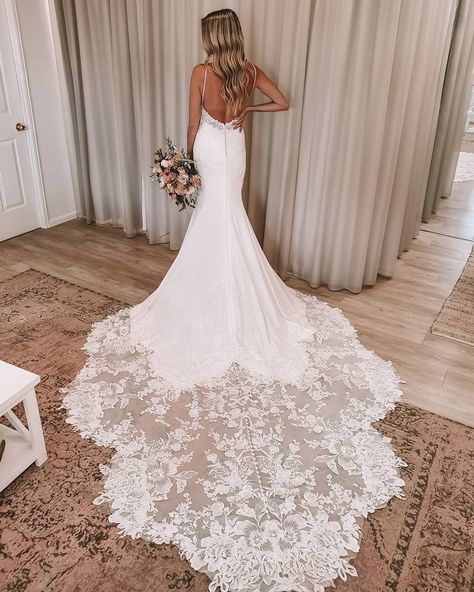 Martina Liana Bridal Designs on Instagram: “Style 1165 is for all my brides looking for a bit of a dramatic flare 😘⁠ ⁠ Bridal Boutique: @gladstonebridalboutique⁠ .⁠ .⁠ .⁠ #1165…” Wedding Dresses Spaghetti Strap, Applique Wedding, Wedding Dress Train, Beach Bridal, Wedding Dress Pictures, Applique Wedding Dress, Dream Wedding Ideas Dresses, Lace Bridal Gown, A Wedding Dress