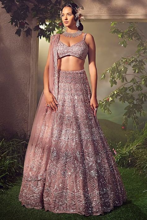 Mauve Tulle Hand Embellished Lehenga Set Design by Aneesh Agarwaal at Pernia's Pop Up Shop 2024 Pink Organza Lehenga, Tulle Lehenga, Pastel Lehenga, Organza Lehenga, Traditional Indian Dress, Padded Blouse, Pink Lehenga, Beaded Neckline, Indian Wedding Outfits