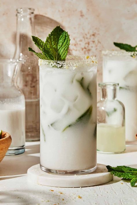 Hot Non Alcoholic Drinks, Coconut Mocktail Recipes, Aesthetic Mocktails, Fresh Moodboard, Summer Mocktail Recipes, Mocktail Party, Coconut Mojito, Mojito Mocktail, Mix Drinks