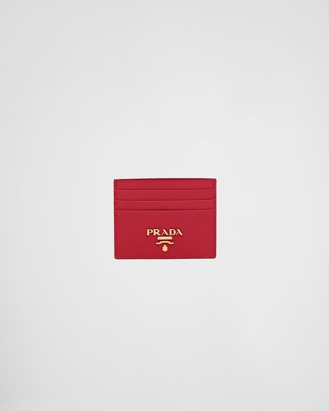 Fiery Red Saffiano Leather Card Holder | PRADA Elegant Leather Card Holder With Logo, Designer Logo Card Holder For Business, Designer Business Card Holder With Logo, Elegant Rectangular Logo Card Holder, Designer Red Wallets With Interior Card Slots, Designer Red Wallet With Interior Card Slots, Red Formal Card Holder With Rfid Blocking, Elegant Red Leather Card Holder, Classic Red Card Holder With Interior Slots