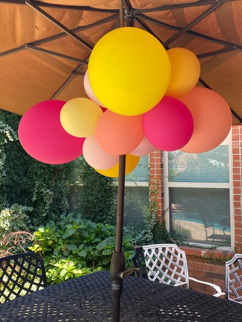 Balloons Under Patio Umbrella, Balloons Over Pool, Ballon Pool Decor, Umbrella Event Decor, Umbrella Centerpiece, Ballon’s In Pool, Umbrella Table, Gigi 2, Balloon Business