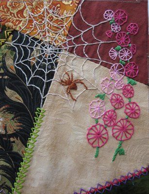 I ❤ crazy quilting . . . Greetings from the Shady Grove: Crazy Quilt Update. Great spider web! Crazy Quilts Patterns, Crazy Quilt Stitches, Crazy Quilt Blocks, Crazy Patchwork, Crazy Quilting, Spider Webs, Stitch Ideas, Crazy Quilt, Silk Ribbon Embroidery