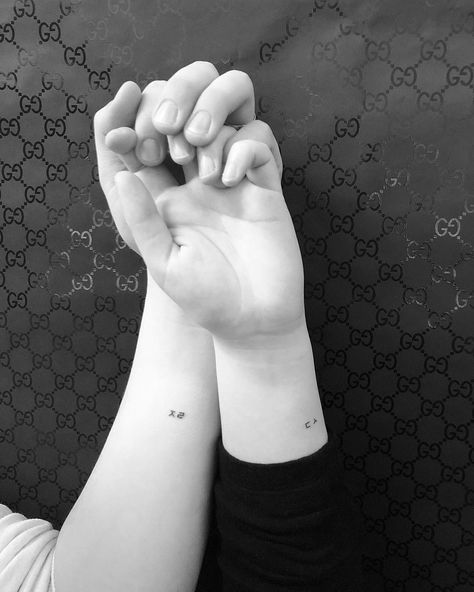 Matching Tattoos For Couples, Wrist Tatoo, Faith Tattoo On Wrist, Tattoos For Couples, Small Matching Tattoos, Sanskrit Tattoo, Roman Numeral Tattoos, Matching Sister Tattoos, Hamsa Tattoo