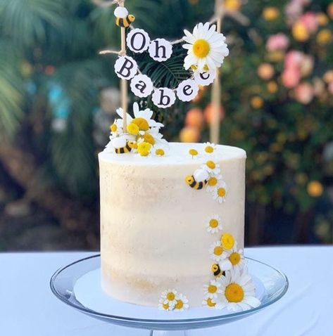 Bee Baby Shower Ideas - Throw a Mama to Bee Baby Shower Gender Reveal Cake Bee Theme, Mama To Bee Cake, Bumble Bee Cake Ideas, Bee Cake Ideas 1st Birthdays, Honey Bee Baby Shower Cake, What Will Baby Bee Cake, Mama To Bee Baby Shower Ideas, Bee Themed Baby Shower Cake, Bee Cake Ideas