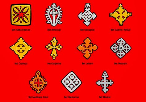 Various cross designs from different churches across Ethiopia. Each Bet (Church/House) has a distinct cross or crest design representing their church-house emblem. In order from left to right/top to bottom: 1. Bet Abba Libanos 2. Bet Amanuel 3. Bet Danaghel 4. Bet Gabriel-Rufael 5. Bet Giyorgis 6. Bet Golgotha 7. Bet Lehem 8. Bet Maryam 9. Bet Medhane Alem 10. Bet Merkorios 11. Bet Meskel #meskel #art #design #religion #cross #crosses #ethiopian #ethiopia #africa #habesha #tewahedo #jesus #je Ethiopian Symbols, Rastafari Art, Ethiopian Art, History Of Ethiopia, Ethiopian Culture, Cross Embroidery Designs, Ethiopian Cross, Ethiopian Jewelry, Church House