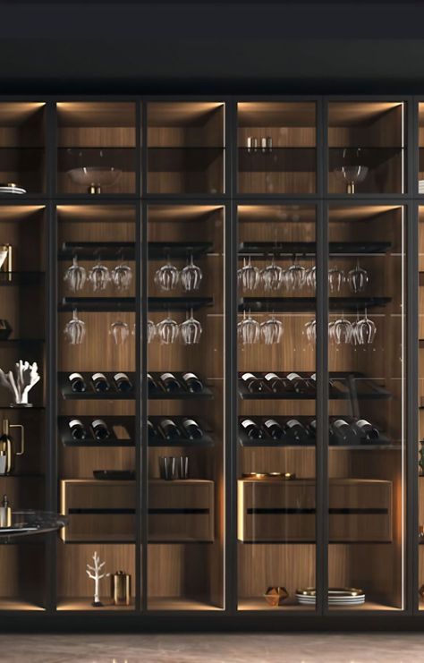 Wine Cellar Wall, Wine Storage Wall, Wine Room Design, Metal Cabinets, Wine Closet, Home Bar Cabinet, Home Bar Rooms, Modern Home Bar, Home Wine Cellars