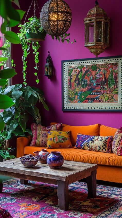 35 Stunning Boho Mid-Century Modern Living Room Ideas Magenta Walls Living Room, Magenta Living Room Ideas, Colorful Plant Living Room, Magenta Living Room, Boho Mid Century Modern Living Room, Inviting Home Decor, Magenta Walls, Lanterns Hanging, Purple Sofa