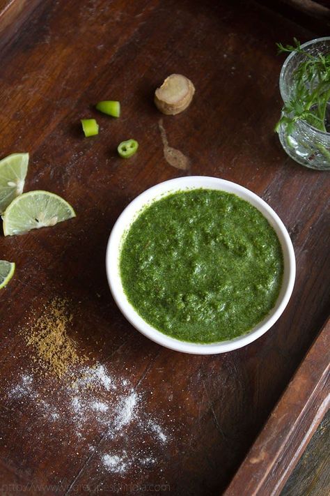 mint coriander chutney recipe with step by step photos – this is an easy chutney recipe made only with four ingredients – which are easily available in your kitchen, namely fresh mint leaves, coriander leaves, green chilies and ginger. #mintcorianderchutney Spicy Sandwich, Green Chutney Recipe, Indian Chutney Recipes, Coriander Chutney, Cilantro Chutney, Mint Chutney, Chutney Recipe, Chaat Recipe, Green Chutney