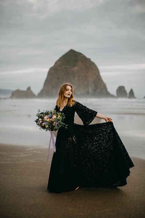 Black Wedding dress on Cannon Beach, Oregon Waking Up At 3am, Trillium Lake, Black Dress Style, Cannon Beach Oregon, Black Wedding Dress, Downtown Portland, Epic Photos, Oregon Usa, Cannon Beach