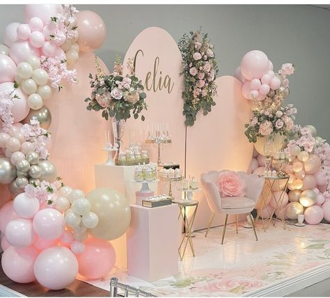 Princess Debut Theme, Dekor Sweet Seventeen Party, Debut Stage Decoration Simple, Debut Backdrop Ideas Balloons, Debut Backdrop Ideas, Debut Decorations Backdrops, Aqeeqah Decoration, Pink Debut Theme Backdrop, Pink Debut Backdrop