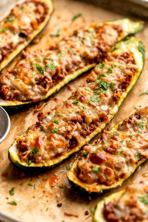 Stuffed Zucchini Boats - Ahead of Thyme Zucchini Taco Boats, Taco Boats, Fresh Tomato Pasta, Stuffed Zucchini Boats, Veggies Recipes, Stuffed Zucchini, Easy Chicken Pot Pie, Bake Zucchini, Bread Muffins