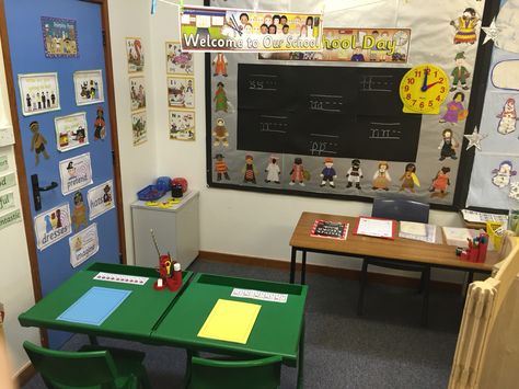 Set up a school role play area for preschool children to explore what school will look like School Role Play Area Eyfs, School Role Play, Role Play Areas Eyfs, Play Bedroom, Play Preschool, Reception Classroom, Roleplay Ideas, Role Play Areas, People Who Help Us