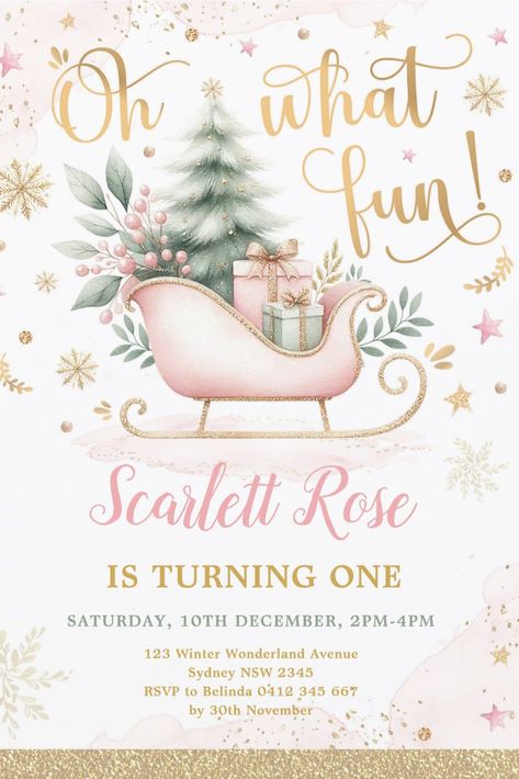 Christmas 1st Birthday Girl, Winter Wonderland 1st Birthday, Pink Winter Wonderland, Wonderland Christmas, Birthday Art, Oh What Fun, Christmas Birthday Party, 1st Birthday Invitation