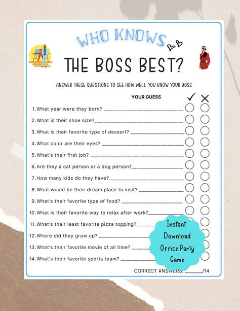 This Party Games item by NaNaPrintables has 9 favorites from Etsy shoppers. Ships from United States. Listed on Jun 1, 2024 Fun Friday Work Ideas, Workplace Encouragement, Who Knows The Boss Best, Teacher Engagement, Office Retirement Party, Housekeeping Week, Work Team Building Activities, Staff Wellbeing, Work Party Games