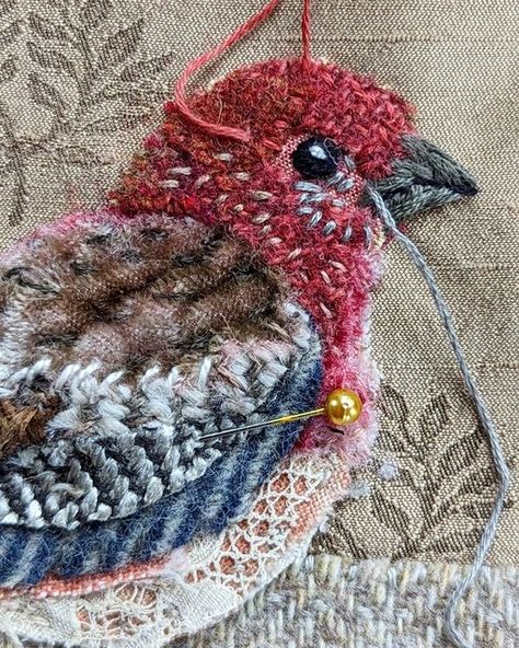 Ann Smith on Instagram: "House finch and early spring blossoms 🌸🌸🌸 Work in progress #fabricscraps #textileart #textilestorytelling #upcycledart #birdart #birdsinmybackyard #birdwatching #embroidery #applique #textiles #handstitching #handwork #handmade #handsewing" Slow Stitch Houses, Slow Stiching Projects, Applique Textiles, Embroidery Designs Birds, Fabric Art Tutorials, Bird Quilt Blocks, House Finch, Applique Art, Bird Applique